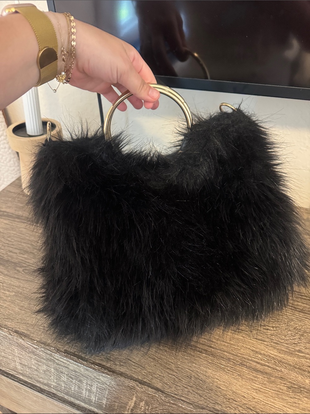a new day Black Faux Fur Mini Bag with Gold Ring Handle